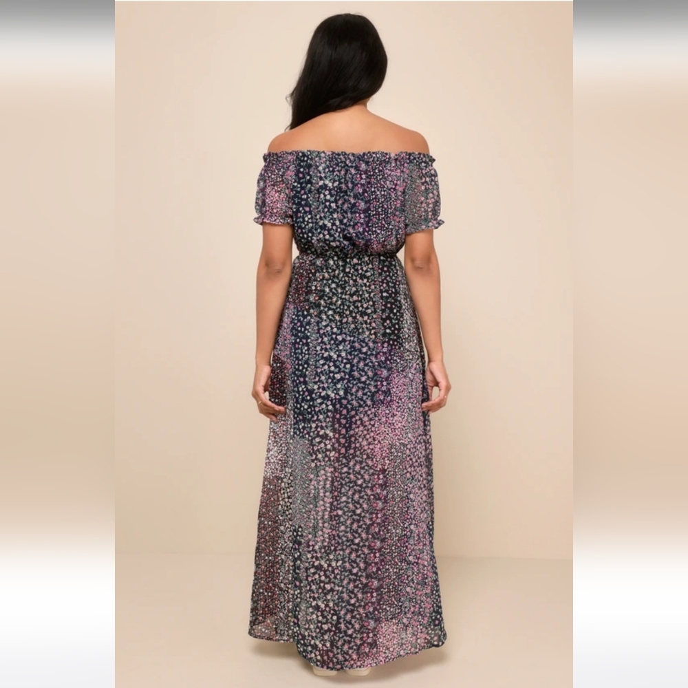 Lulus Neva Navy Blue Floral Print Off-the-Shoulder Maxi Dress Mini-Lined MED NWT - Picture 8 of 11